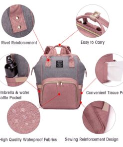 QIMIAOBABY Diaper Bag Backpack,Waterproof Multifunctional Large Travel Nappy Changing Bags… (Pink with gray) Pink With Gray 30 81uREZV8SkL