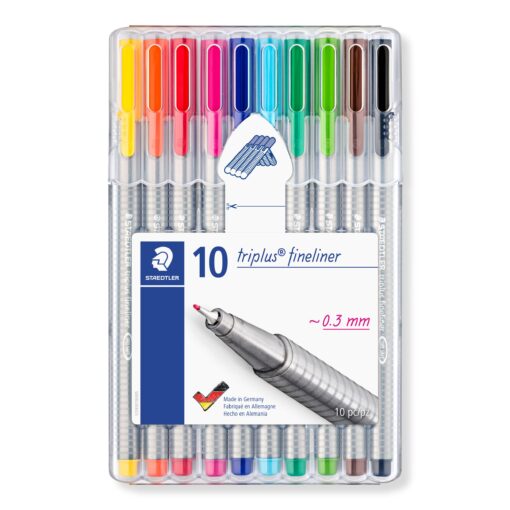 STAEDTLER gel Triplus Fineliner 0.3 mm Porous Point Pen 334 - SB10, 10 pack Desktop Box Assorted Colours 1 Count (Pack of 10)