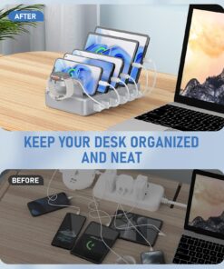 Charging Station for Multiple Devices, HSicily 6 Port Multi Device Charging Station, Multiple Charging Station with 6 Cables Designed for iPhone iPad Cell Phones Tablets Kindle Apple Watch Silver HS50 11 81uiQQ2rw1L