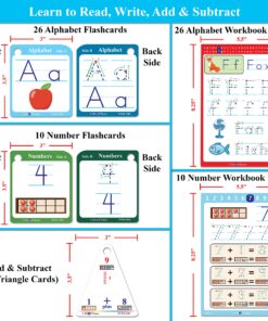 Think2Master Write & Clean Laminated Workbook & Flash Cards - Alphabet, Numbers & Words Reusable Book for PreK & Kindergarten. (1 Dry Erase Marker, 2 Rings). Learn to Read & Write, Count & Add 11 81uo9j0TdLL