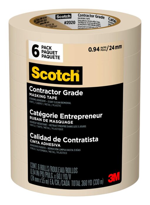 Scotch Contractor Grade Masking Tape, Tan, Tape for General Use, Multi-Surface Adhesive Tape, 0.94 Inches x 60.1 Yards, 6 Rolls 0.94" Width