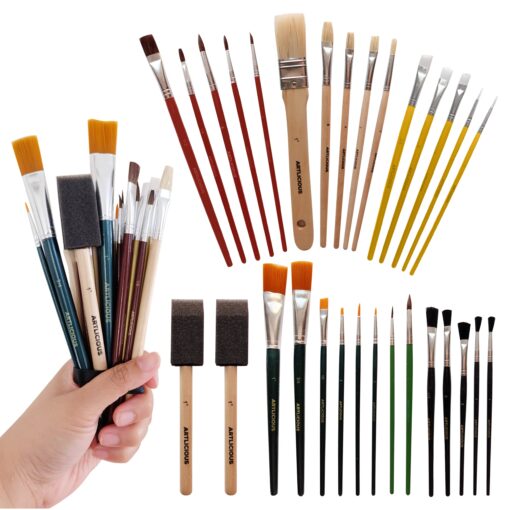 Artlicious Paint Brushes - Acrylic Paint Set and Detail Paint Brushes for Kids - Use with Craft, Watercolor, Oil, Gouache Paints, Face Art, Washable Paints, Miniature Detailing and Rock Painting 30 Pack