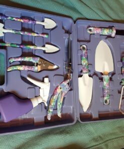 Garden Tools Set, JUMPHIGH 10 Pieces Gardening Tools with Purple Floral Print, Ergonomic Handle Trowel Rake Weeder Pruner Shears Sprayer, Garden Hand Tools with Carrying Case Gardening Gifts for Women 42 81vBB2YcwqL