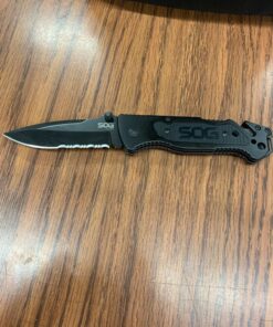 SOG Escape Tactical Folding Knife- 3.4 Inch Serrated Edge Blade Emergency Pocket Knife with Glass Breaker, Wire Stripper and Line Cutter Blades-Black (FF25-CP) Escape - Hardcased Black 35 81vNr38501L