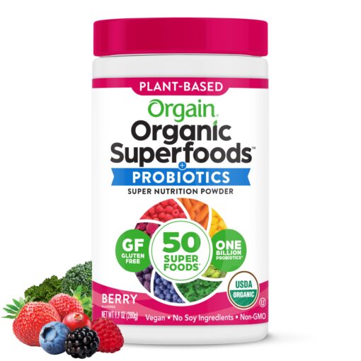 Orgain Organic Greens Powder + 50 Superfoods, Berry - 1 Billion Probiotics for Gut Health, Antioxidants, Vegan, Plant Based, Gluten Free, Non GMO, Dairy Free Juice & Smoothie Mix - 0.62lb 20 Servings (Pack of 1)