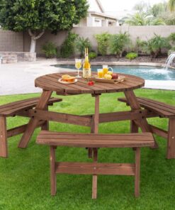 Giantex 6 Person Wooden Picnic Table Set with Wood Bench, with Umbrella Hold Design, Perfect for Outdoor Garden Yard Pub Beer Dining, Dark Brown 67"L×67" W×27.5" 20 81vgcTxvEsL