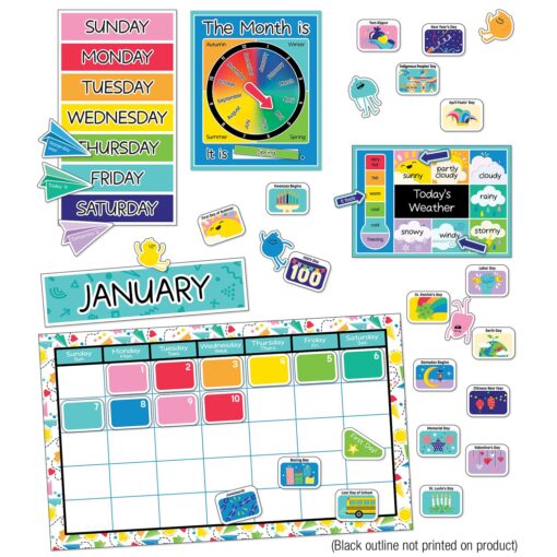 Carson Dellosa Happy Place 139-Piece Classroom Calendar Bulletin Board Set, Colorful Classroom Calendar with Monthly Headers, Birthday and Blank Cutouts, Weather, Seasons and Days of The Week Chart