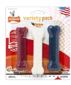 Nylabone Power Chew Toys Variety Triple Pack - Dog Toys for Aggressive Chewers - Indestructible Dog Bones for Small Dogs - Chicken, Bacon & Peanut Buter Flavors, Small/Regular (3 Count) Small up to 25 lbs. 29 81wO7RHK L