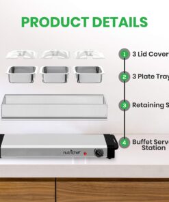 Nutrichef Professional Stainless Steel Buffet Warmer Server with 3 Trays | Portable Hot Plate Food Warmer Station for Parties & Events | Easy to Clean | 3 See-through lids | Max Temperature 175F 3 Pot 3.5 Quart 20 81wU2yl6uiL