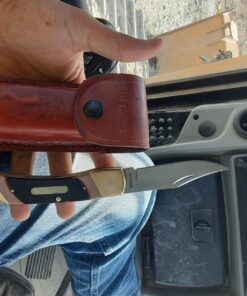 Old Timer 7OT Cave Bear Traditional Lockback Pocket Knife with 3.9in High Carbon Stainless Steel Blade, Sawcut Handles, and Leather Belt Sheath for Hunting, Camping, Whittling, EDC, and Outdoors 43 81wUMVZW7L