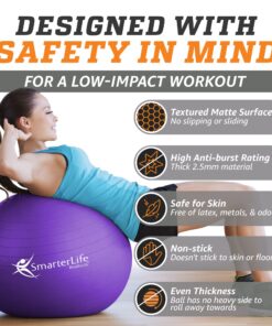 SmarterLife Workout Exercise Ball for Fitness, Yoga, Balance, Stability, or Birthing, Great as Yoga Ball Chair for Office or Exercise Gym Equipment for Home, Premium Non-Slip Design Purple 65 cm 24 81wWWnATxgL