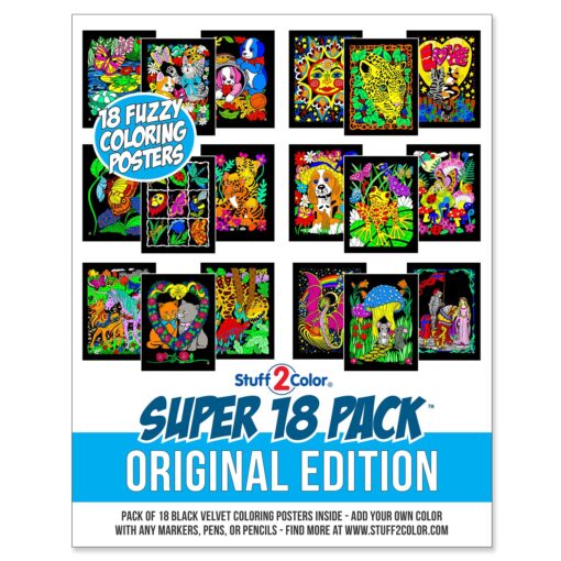 Super Pack of 18 Fuzzy Velvet Coloring Posters (Original Edition) - Great for Family Time Coloring, Arts, Crafts, Travel, School, Care Facilities [All Ages Fun: Girls, Boys, Adults, Kids] (1 Pack) 1 Pack