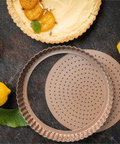 HAPPIELS Non-Toxic Nonstick 9-inch Tart Pan with Removable Bottom Perforated | Round Gold Quiche Pan 9'' Tart Pan 12 81wi55V5jaL