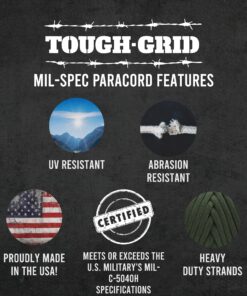 TOUGH-GRID Premium 750lb Paracord 100% Nylon Type IV Mil-Spec Parachute Cord - Certified MIL-C-5040H - UV/Abrasion Resistant - Heavy Duty Strands - Made in USA and Used by US Military Black 100Ft. (Coiled in Bag) 23 81x2db6avpL