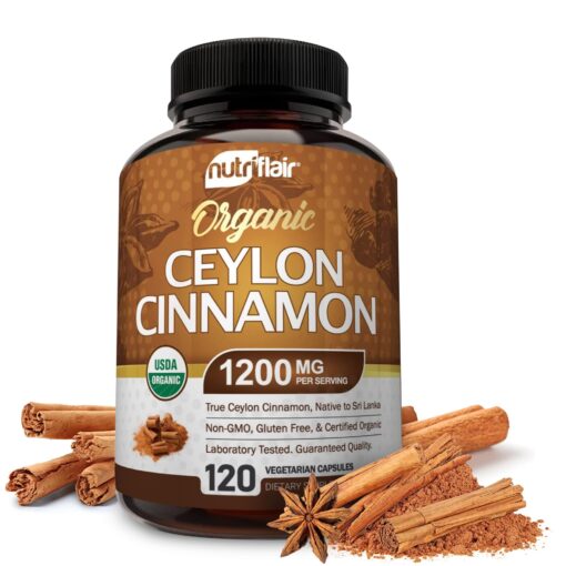 NutriFlair Organic Ceylon Cinnamon (100% Certified ) 1200mg per Serving, 120 Capsules - Joints, Inflammatory, Antioxidant, Glucose Metabolism Support- 120 Count (Pack of 1) 120 Count (Pack of 1)