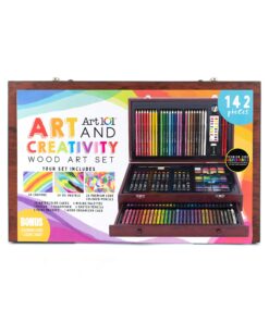 Alternative view of Art 101 Doodle and Color 142 Pc Art Set in a Wood Carrying Case, Includes 24 Premium Colored Pencils, A variety of coloring and painting mediums: crayons, oil pastels, watercolors; Portable Art Studio Multicolor
