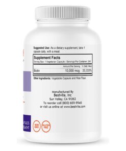 BESTVITE Biotin 10,000mcg (240 Vegetarian Capsules) - No Stearates - No Dicalcium Phosphate - No Artificial Sweeteners - No Flavors - No Flow Agents - Vegan - Non GMO - Gluten Free 240 Count (Pack of 1) 7 81y1eFRSL8L