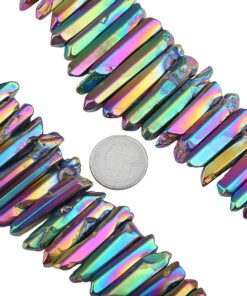 SUNYIK Rainbow Aura Titanium Coated Crystal Points Quartz Polished Sticks Spikes Point Beads 15 inch Strand Drilled 0.5"-1.6" #3-Rainbow(Polished) 13 81y5qGTCBwL