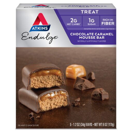 Atkins Endulge Chocolate Caramel Mousse Bar, Dessert Favorite, 1g Sugar, High in Fiber, 5 Count