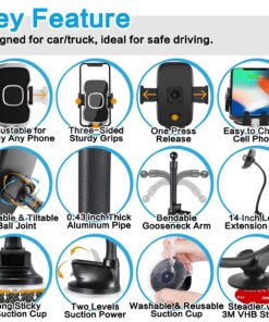 1Zero Solid Car Truck Phone Mount Holder with 14-Inch Gooseneck Long Arm, Windshield Window Mobile Holders w/Industrial-Strength Suction Cup, Anti-Shake Stabilizer Compatible All Cell Phones iPhone Black Mirror Surface with Silver Ring 29 81yGdTckgaL
