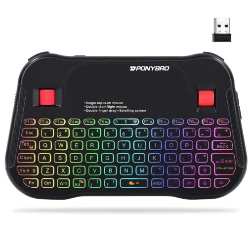 PONYBRO Backlit Mini Bluetooth Wireless Keyboard with Touchpad QWERTY keypad,Support Bluetooth＆2.4G USB Connection,Rechargeable Handheld Keyboard Remote for Smartphones,Smart TV,Android TV Box,PC,Pad. Black 2.4G+BT