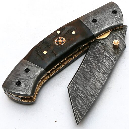 Mm-jr-8851, Custom Handmade Damascus Steel Folding Knife - Ram Handle - Knife With Sheath - also make, Damascus Knives, Swords, Full Tang Knifes, hunting Bushcraft bowi nife, Viking Axe