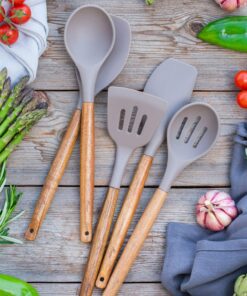 Miusco Non-Stick Silicone Kitchen Utensils Set with Natural Acacia Hard Wood Handle, 5 Pieces, Grey, BPA Free, Baking, Serving and Cooking Utensils Gray 29 81yjJlom8PL