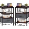 SUPERJARE Nightstand Set of 2, Bed Side Tables with Charging Station, Adjustable Fabric Drawer, Night Stand for Bedroom, 3-Tier Storage End Tables, Walnut