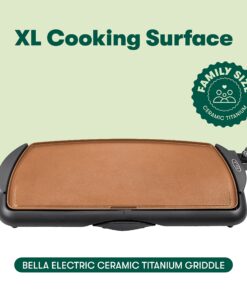BELLA Electric Ceramic Titanium Griddle, Make 10 Eggs At Once, Healthy-Eco Non-stick Coating, Hassle-Free Clean Up, Large Submersible Cooking Surface, 10.5" x 20", Copper/Black 10.5" x 20" 25 81z1DBFx8uL