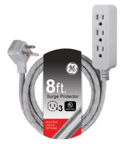 GE 3-Outlet Power Strip Surge Protector 8 Ft Braided Long Cord Extension Cord Surge Protector Power Strip Flat Plug Extension Cord 250 Joules UL Listed Gray 45916 1 Pack