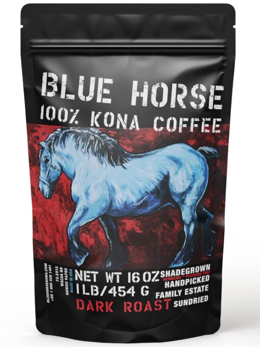 Farm-fresh: 100% Kona Coffee - Dark Roast - Arabica Whole Beans - 1 Lb or 16 oz Bag - Blue Horse 100% Kona Coffee from Hawaii 16 oz Dark Roast, Whole Beans