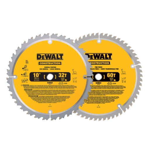 DEWALT 10-Inch Miter / Table Saw Blades, 60-Tooth Crosscutting & 32-Tooth General Purpose, Combo Pack (DW3106P5) Saw Blade Combo Pack, 10 In., 60/32T