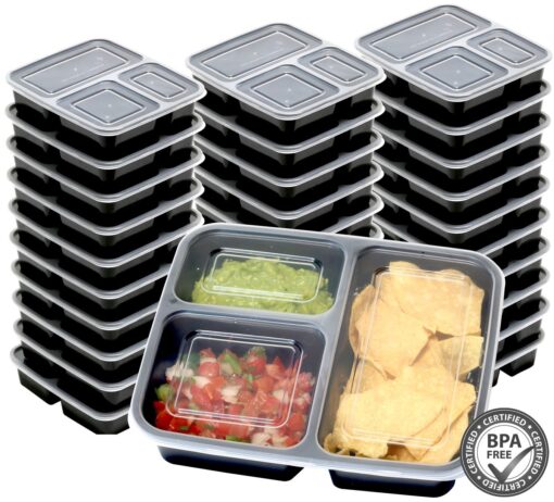 30 Value Pack - SimpleHouseware 3 Compartment Reusable Meal Prep Food Storage Container Lunch Boxes, Stackable and Dishwasher, Microwave, Freezer Safe (36 ounces) 30 Pack