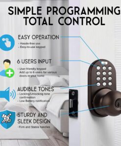 MiLocks TKK-02OB Digital Door Knob Handle Lock with Electronic Keypad - Keyless Entry Smart Door Lock with Adjustable Latch Locks, Audible Tones for Interior Front Doors & More, Oil Rubbed Bronze 17 81zWlF0svjL