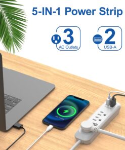 Alternative view of USB Power Strip Surge Protector Long Extension Cord 6 feet, 3 Outlets, 2 USB Ports (2.4A/12W), Overload Protection, Mountable Power Strip for Home Office, 1250W/10A, SGS Listed, White 6ft-1pack