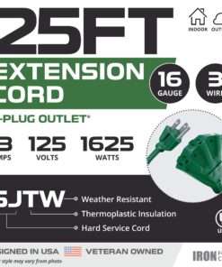 Alternative view of 25 Foot Outdoor Extension Cord with 3 Electrical Power Outlets - 16/3 SJTW Durable Green Extension Cable with 3 Prong Grounded Plug for Safety 25FT