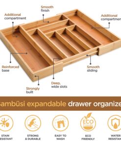 Expandable Bamboo Silverware Organizer - Kitchen Drawer Organizer, Utensil Holder - Drawer Organization and Storage in Kitchen, Bathroom or Bedroom, 17” Long, Adjustable from 13” - 22.2” Wide, 2” Deep 25 81zkhgmF2L
