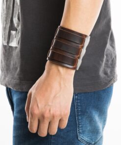 Alternative view of HZMAN Mens Genuine Leather Wide Triple Strap Cuff Wrap Gauntlet Wristband Buckle Fastening Arm Armor Cuff Brown