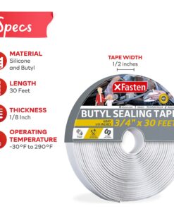 XFasten Butyl Sealing Tape, Gray, 1/8-In x 3/4-In x 30-Foot Plumbers Putty Tape, RV Sealant Tape, Butyl Rubber for Boat Sealing, EDPM Butyl Tape RV 1/8" x 3/4" x 30', Single Pack Grey 14 81zxGCB4jmL