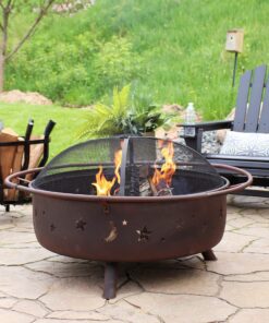 Alternative view of Sunnydaze Cosmic 42-Inch Wood-Burning Steel Fire Pit with Round Spark Screen, Poker, and Built-in Grate - Rust Patina
