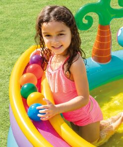 Intex Dinoland Inflatable Dinosaur Swimming Pool Kiddie Play Center with Water Slide, Dino Arch Water Sprayer, and Games for Ages 2 and Up, Multicolor 1 28 91 SuKF406L