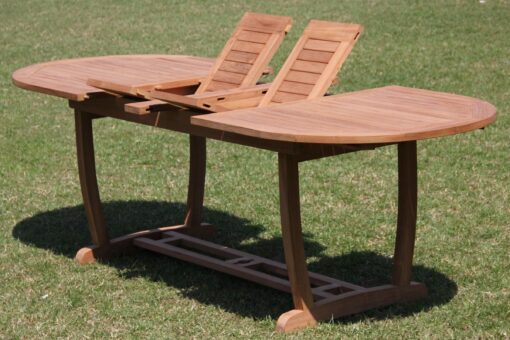 TeakStation Grade-A Teak Wood Large Double Extension 94" Mas Oval Dining Table with Trestle Legs #TSDT94OM