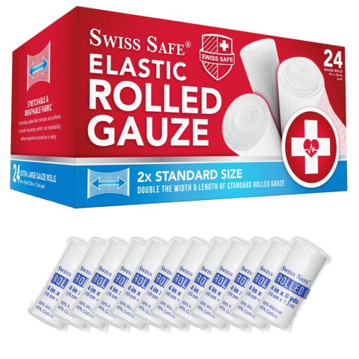 Swiss Safe Long Elastic Stretch Gauze Rolls, 4 Inch x 8 Yards, (24 Pack) 24