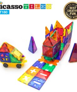PicassoTiles 180 PCs Magnetic Tile Building Block Deluxe Construction Set with 2 Cars Clear Color Unique Shapes See Through Shape Tiles 3D Playboard Colorful Educational Construction for Kids Ages 3+ 18 910DMfS4gSL