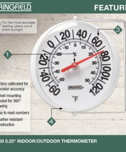 Alternative view of Springfield Big and Bold Thermometer with Mounting Bracket, Indoor Outdoor Thermometer with Large Numbers for Patio, Pool, and Indoor Areas, White Side Bracket
