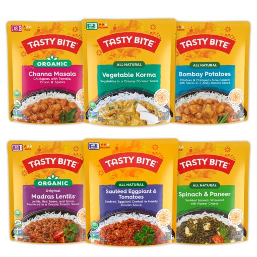 Tasty Bite Variety, Pack of 6, Bombay Potatoes, Kashmir Spinach, Punjab Eggplant, Channa Masala, Madras Lentils, Vegetable Korma