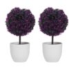 MyGift Tabletop Artificial Topiary Indoor Decor, Fake Plants Faux Purple Boxwood Ball Tree with White Planter Pots, Set of 2
