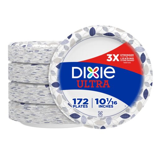 Dixie Ultra Paper Plates, 10 1/16 inch, Dinner Size Printed Disposable Plate, 172 Count (4 Packs of 43 Plates), Packaging and Design May Vary, Blue,White