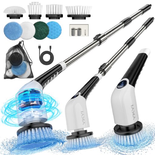 YKYI Electric Spin Scrubber,Cordless Cleaning Brush,Shower Cleaning Brush with 8 Replaceable Brush Heads, Power Scrubber 3 Adjustable Speeds,Adjustable & Detachable Long Handle,Voice Broadcast White