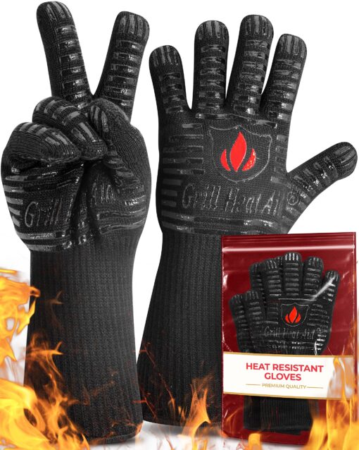 Heat Resistant Silicone BBQ Gloves - Fire Protection up to 1472°F - Insulated Glove Set for Hot Barbecue, Grill, Smoker, Baking, Cooking, and Cutting - Indoor or Outdoor Mitts Fit Men and Women One Size (Longer Cuff) Full Black